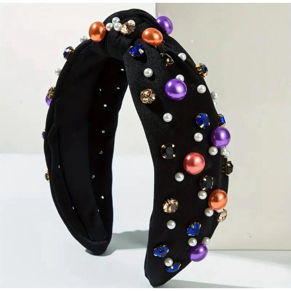 Black Halloween Top Knot Rhinestone and Faux Embellished Headband